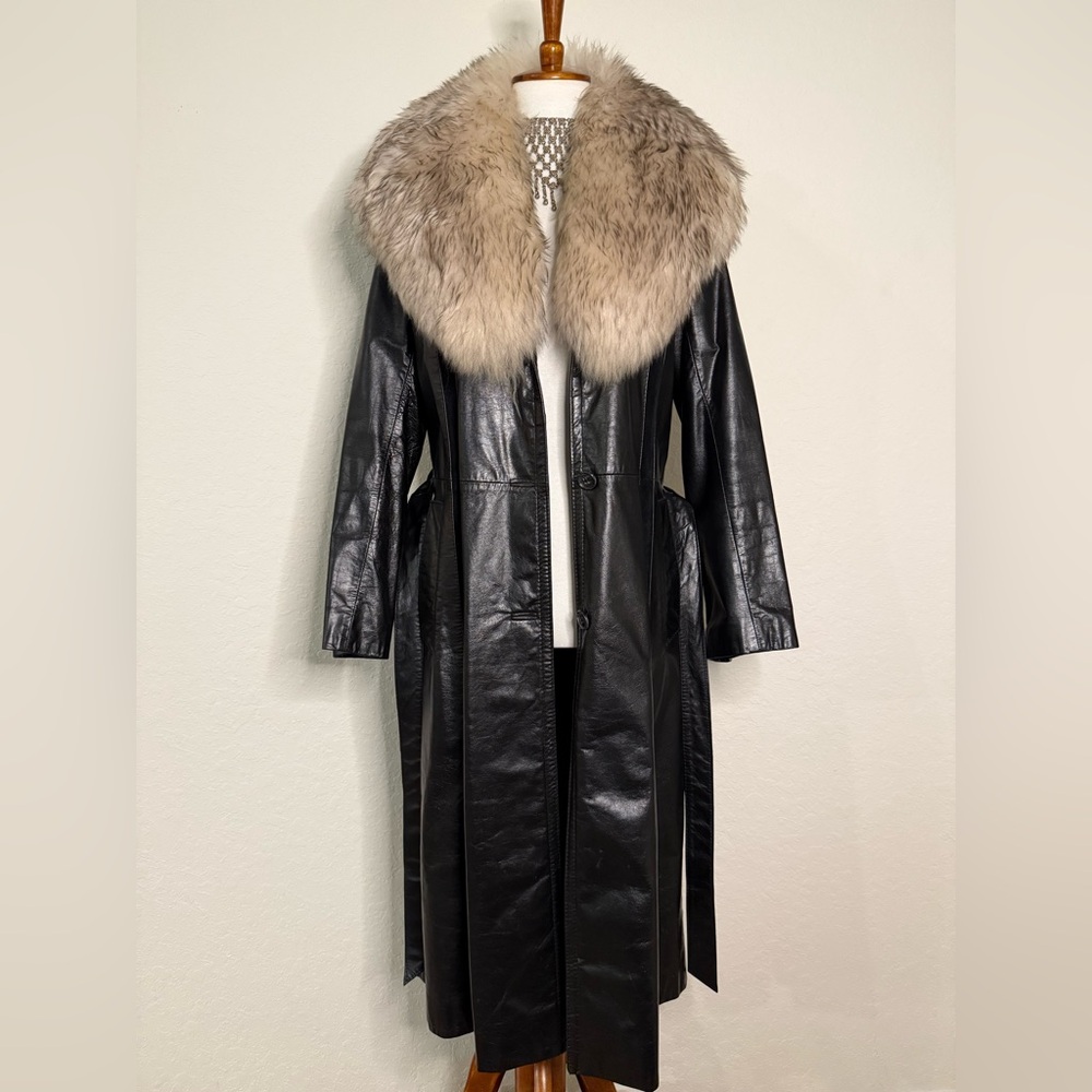 1970's Long Black Leather Jacket with detachable fur
